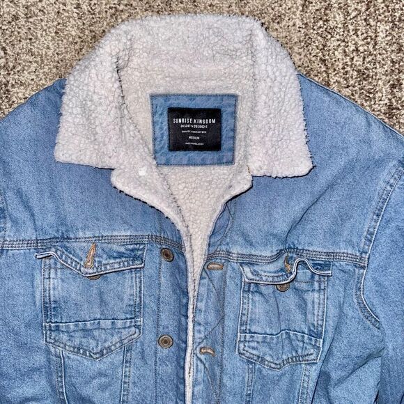 Sunrise Kingdom Men's Sherpa Lined Denim Trucker Jacket Blue Size Medium - Picture 9 of 10